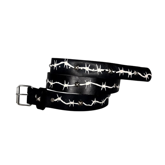 Black Leather Studded Belt (Barbed Wire)
